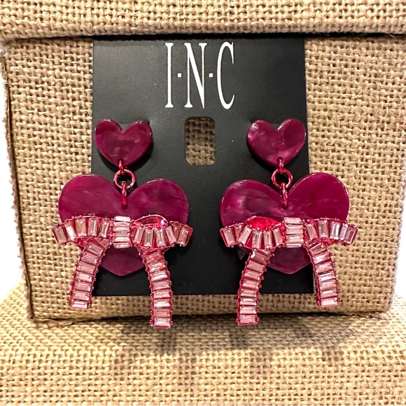 NWT INC Earrings Double Hearts in Dark Pink Acrylic w/ bow in pink baguettes - Picture 1 of 9